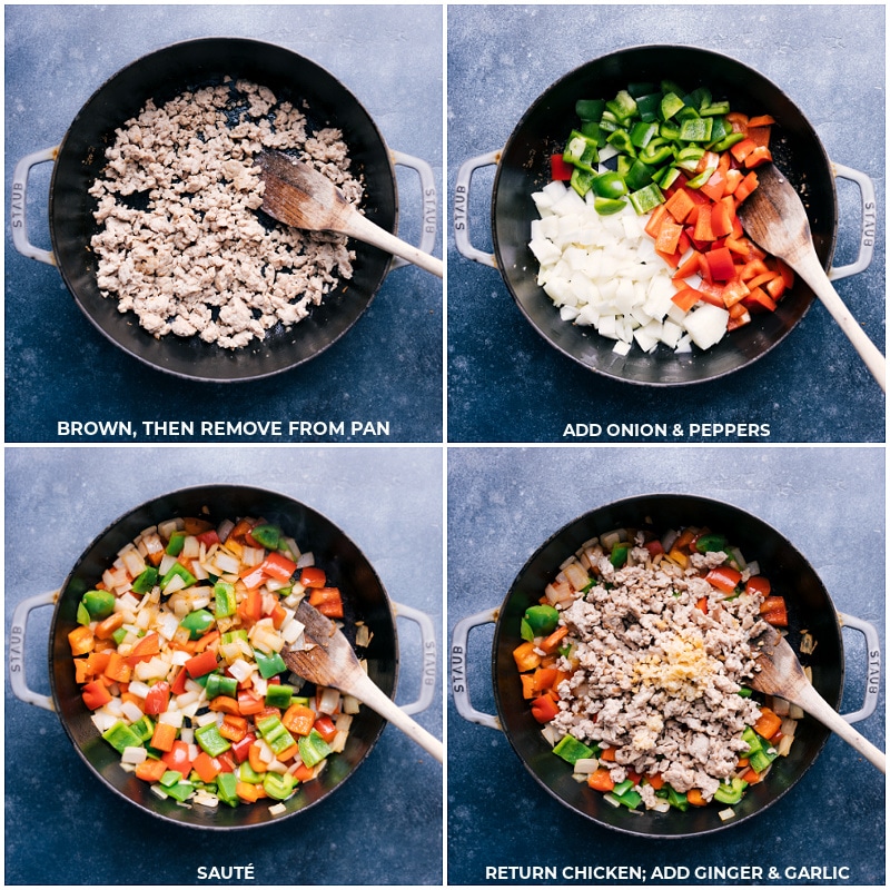 This simple-to-make weeknight dinner will be a hit with everyone! Recipe via chelseasmessyapron #dinner #quick #easy #simple #best #familyfriendly #kidfriendly #veggies #sweetandsour #chicken #stirfry Process shots of Sweet and Sour Chicken Stir-Fry-- images of the ground chicken being browned and the veggies being cooked