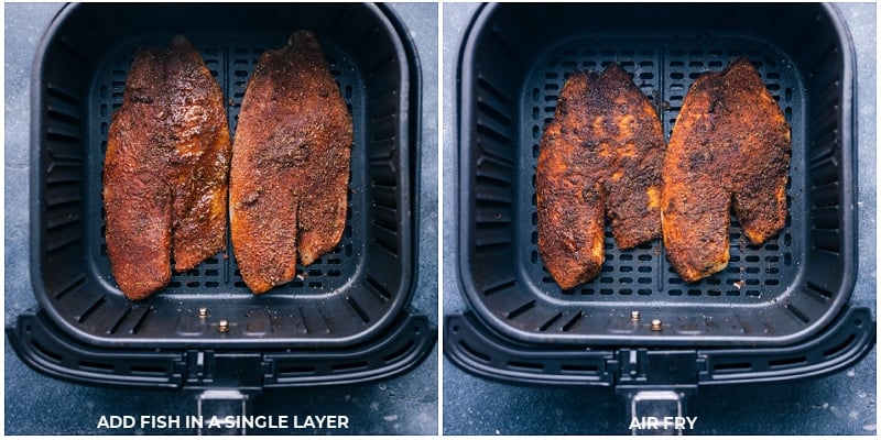 This spice-rubbed Air Fryer Tilapia is the best! This nutritious dish can be prepared and on the table in about 20 minutes or less! Knowing the basics for air frying tilapia is a great resource to have on hand as it can be a springboard for so many other recipes. Plus, we're not just sharing one spice rub, but two -- a Mexican-inspired blend as well as a Cajun-inspired blend! Recipe via chelseasmessyapron #dinner #quick #easy #simple #best #fresh #healthy #airfryer #tilapia Process shots of Air Fryer Tilapia-- images of the tilapia being added to the air fryer and being cooked