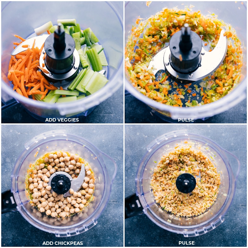 This delicious Buffalo Chickpea Salad is robustly flavored, packed with good-for-you ingredients, and ready in a hurry! We combine chickpeas, veggies, and a creamy buffalo sauce to create a hearty and delicious sandwich filling. Recipe via ChelseasMessyApron #lunch #dinner #quick #easy #simple #best #vegetarian #vegetarianrecipe #spicy #buffalo #chickpea #sandwich Process shots Buffalo Chickpea Salad-- images of the veggies being chopped in the food processor and then the chickpeas being added and chopped