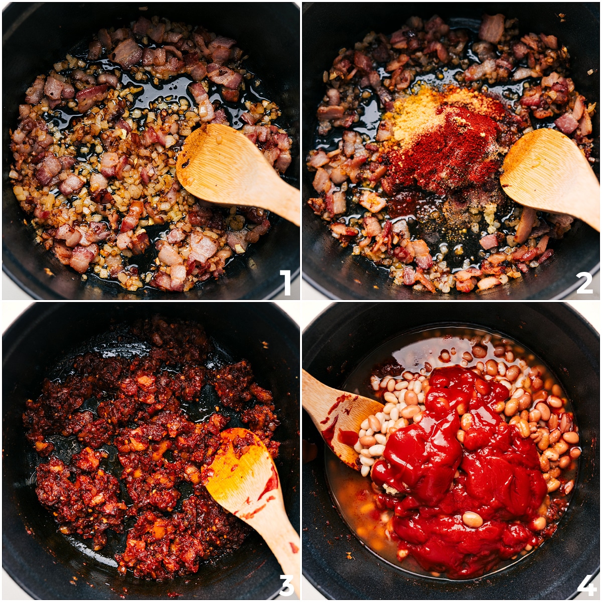How To Make The Best Baked Beans Bacon and onions sautรฉing in a pot, followed by tomato paste and seasonings cooking together, then all remaining ingredients added for this baked beans recipe.