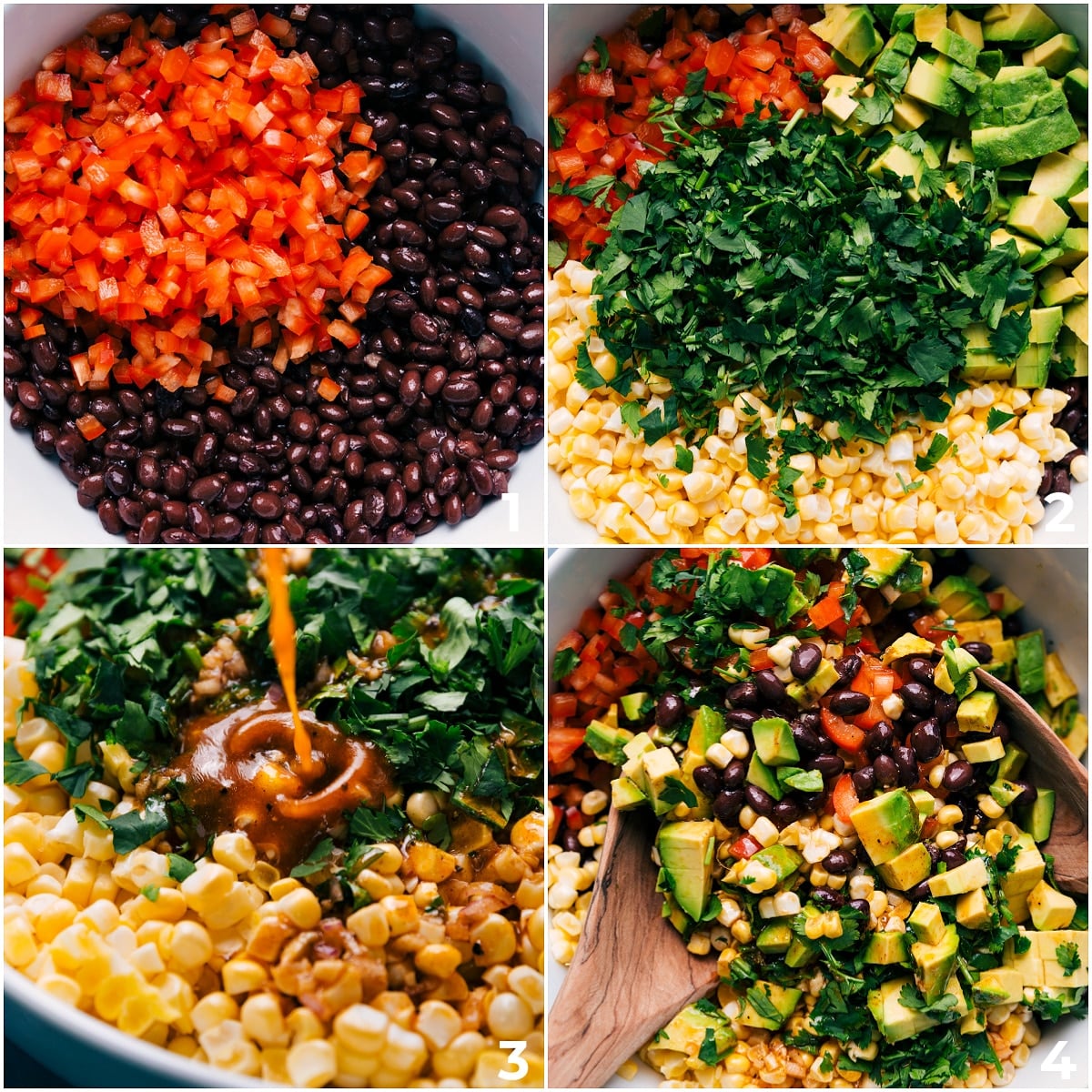 How To Make Black Bean Corn Avocado Salad All the ingredients in this recipe being added to a bowl and it all being dressed with the dressing and tossed together.