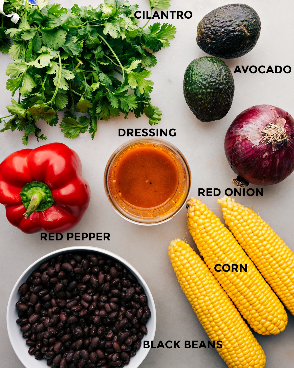 Ingredients In Black Bean Corn Avocado Salad All the ingredients in this recipe prepped for easy assembly.