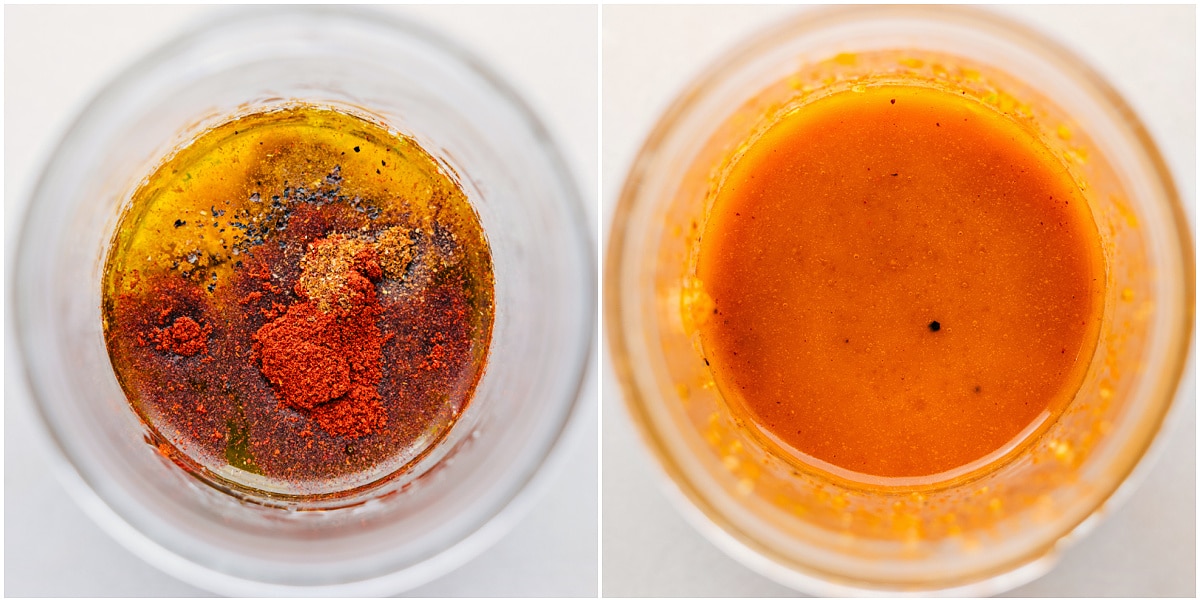 Dressing In Black Bean Corn Avocado Salad The dressing in this black bean corn avocado salad being mixed together in a mason jar.