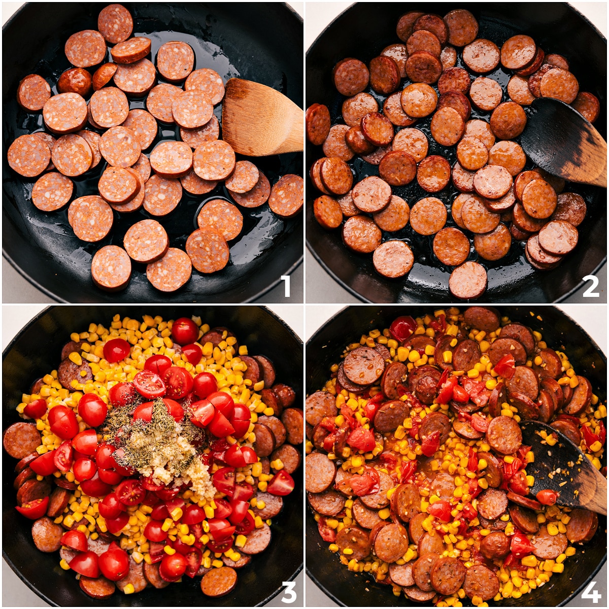 How To Make Corn And Sausage Pasta Brown sausage in a skillet, then add corn, tomatoes, seasonings, and garlic.