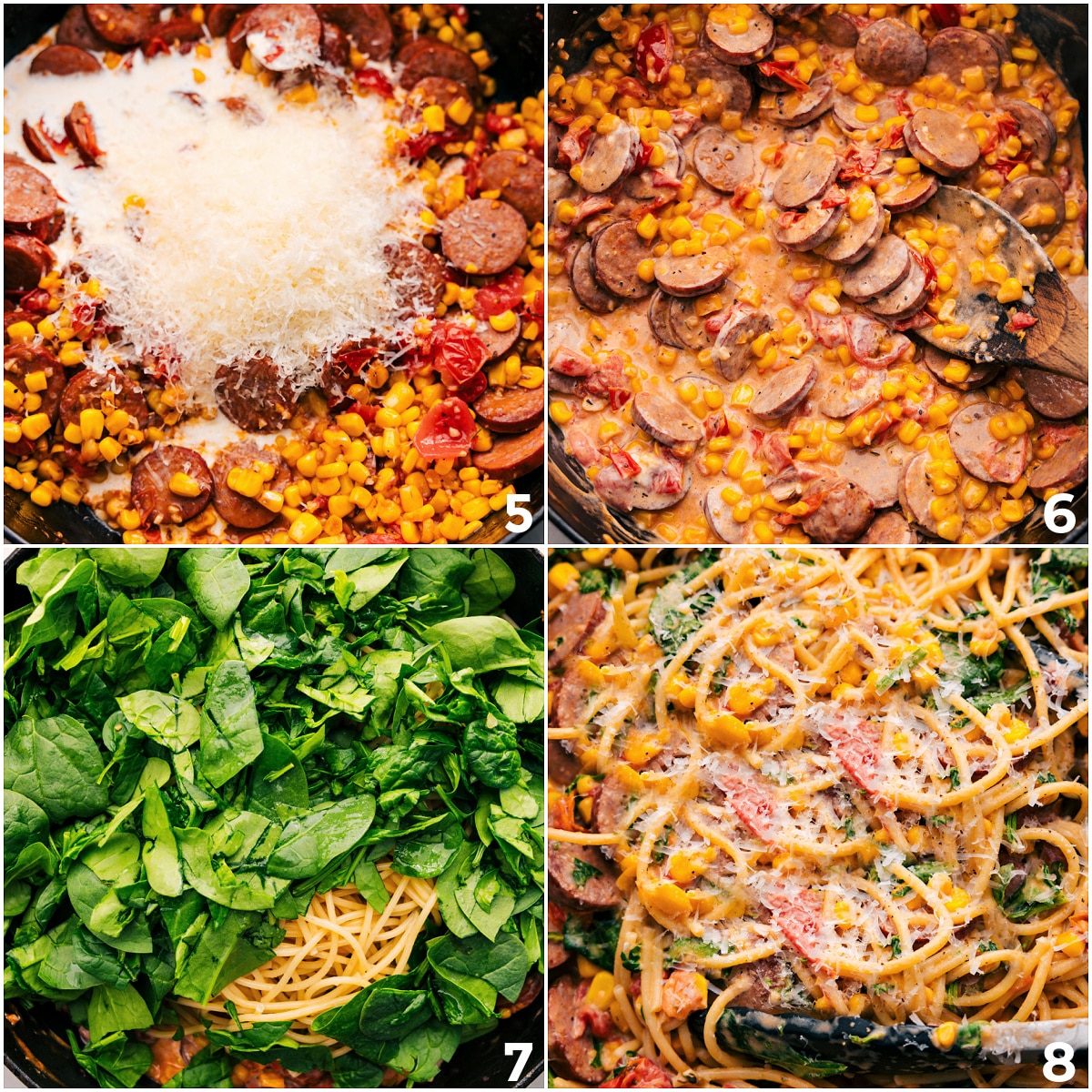 Creamy And Delicious Corn And Sausage Pasta Mix parmesan, spaghetti, and spinach into the dish.