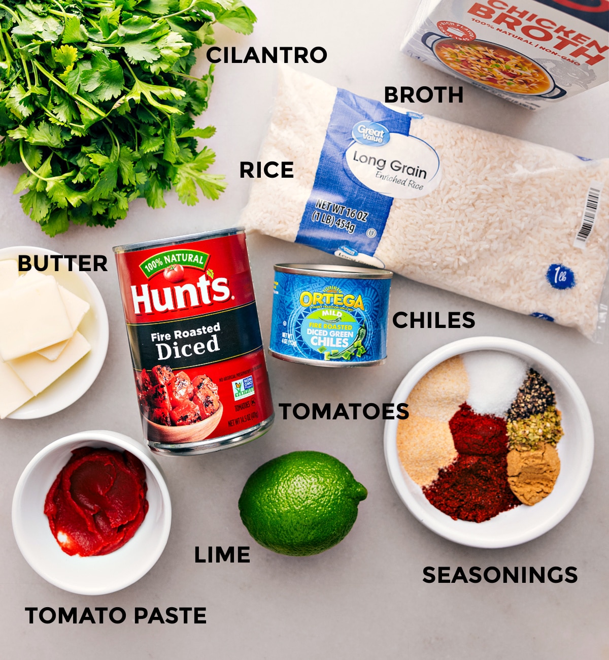 Quick And Easy Mexican Rice Recipe Ingredients used in this recipe prepped out for easy assembly.