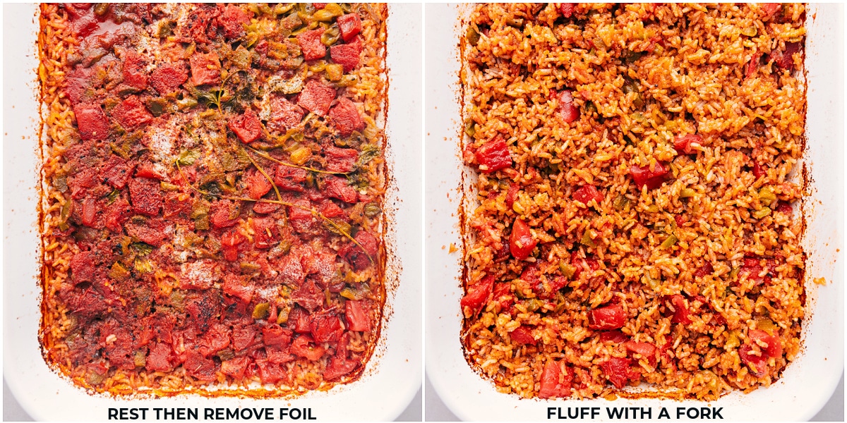 One Pan Mexican Rice The dish fresh out of the oven being fluffed with a fork.