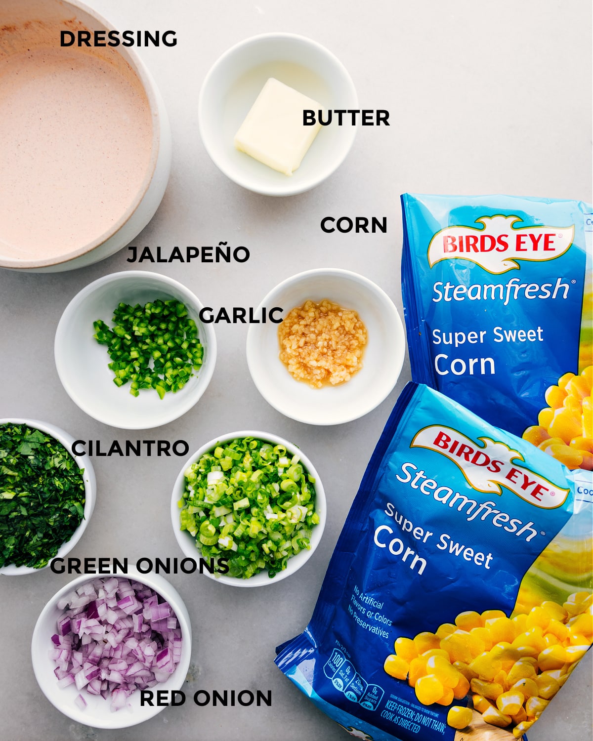 Ingredients In Mexican Street Corn Dip All the ingredients in this recipe prepped out for easy assembly.