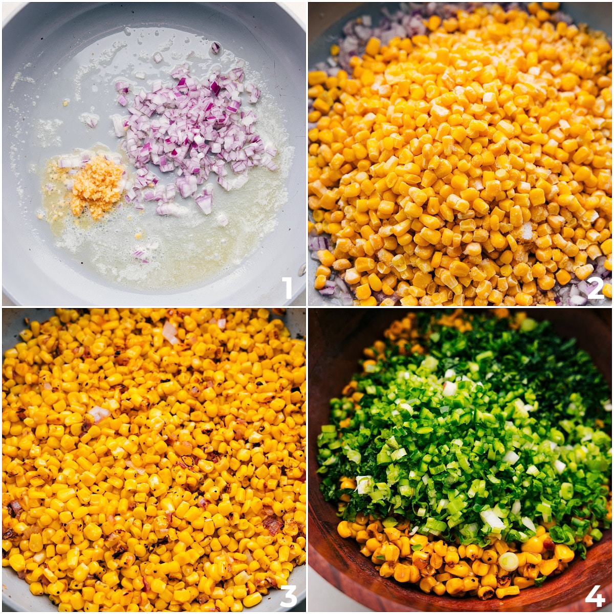 How To Make Mexican Street Corn Dip The garlic, onions, and corn being sautéed in a pan and the herbs being added on top of it right off the stove.