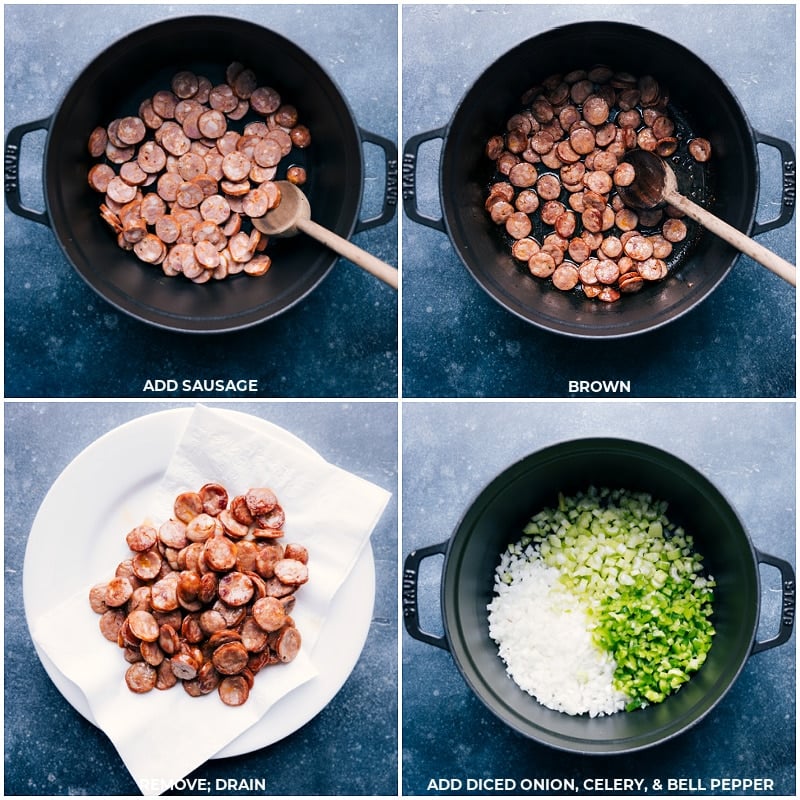 Red Beans And Rice is pure comfort food -- Andouille sausage with veggies and red beans in a luxuriously creamy and flavorful sauce. Red Beans and Rice is an ultra-filling meal. Recipe via ChelseasMessyApron.com #beansandrice #redbeans #rice #cajun #sausage #andouille #creole #speedy #quickandeasy Process shots: brown sausage; drain and remove; add onion, celery and bell pepper to the same pan.