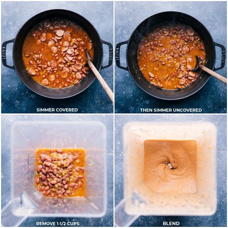 Red Beans And Rice is pure comfort food -- Andouille sausage with veggies and red beans in a luxuriously creamy and flavorful sauce. Red Beans and Rice is an ultra-filling meal. Recipe via ChelseasMessyApron.com #beansandrice #redbeans #rice #cajun #sausage #andouille #creole #speedy #quickandeasy Process shots: simmer the pot covered and later uncovered; remove some of the mixture and blend to thicken the sauce.