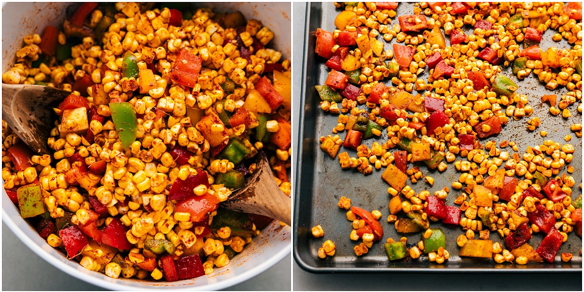 How To Make Roasted Corn All the ingredients tossed together and then laid out on a sheet pan to cook.
