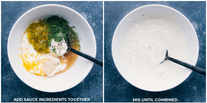 Salmon Burgers complete with a buttered and toasted brioche bun, a succulent and well-seasoned salmon patty, and the best tartar sauce. Add a handful of greens and a ripe avocado to your burger and be ready to have these burgers on permanent dinner rotation! Recipe via ChelseasMessyApron #dinner #quick #easy #simple #familyfriendly #kidfriendly #grilled #healthy #cleaneating #salmon #burger Process shots-- images of the sauce being mixed together