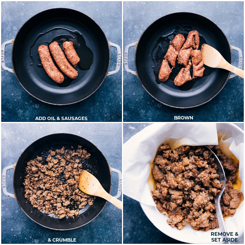 Browning Sausage For Summer Pasta Sausage being cooked in a skillet then removed to a paper towel lined bowl to drain off the extra oil.