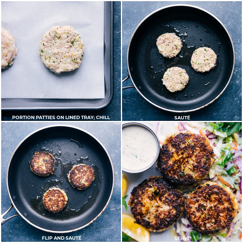 Tuna Patties are packed with flavor and have the best texture -- crisp on the top and bottom with a soft (never dry or hard) interior. Serve your patties over a quick (2-ingredient) slaw and with a tasty tartar sauce. Recipe via ChelseasMessyApron #dinner #quick #easy #simple #best #fresh #familyfriendly #kidfriendly #tuna #patties Process shots of Tuna Patties-- images of the patties being cooked