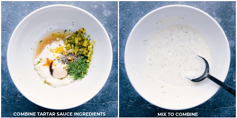 Tuna Patties are packed with flavor and have the best texture -- crisp on the top and bottom with a soft (never dry or hard) interior. These patties are so quick and easy to make (thank you canned tuna!) and sure to be a family favorite! Recipe via ChelseasMessyApron #dinner #quick #easy #simple #best #fresh #familyfriendly #kidfriendly #tuna #patties Process shots-- images of the tarter sauce being made