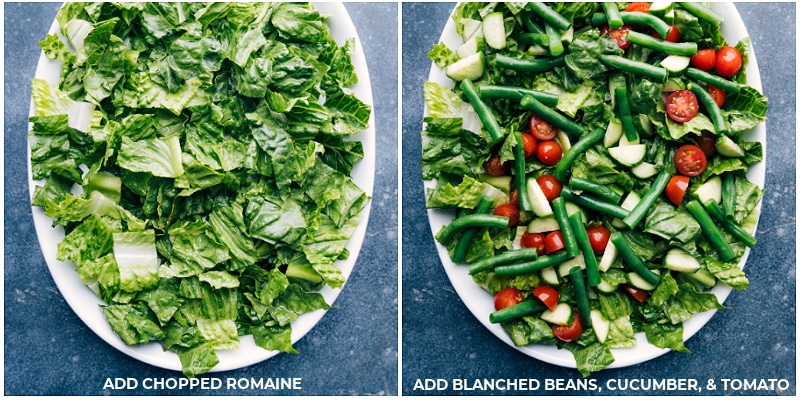 This delicious Tuna Niçoise Salad elevates a humble can of tuna into an elegant, fancy, and bright-tasting salad. The salad greens are topped with a myriad of veggies and potatoes, olive-oil packed tuna fish and the best light lemon vinaigrette ties everything together beautifully. Recipe via ChelseasMessyApron #lunch #dinner #quick #easy #simple #healthy #clean #cleaneating #whole30 #seafood #familyfriendly #kidfriendly #tuna #nicoise #salad Process shots of the Tuna Niçoise Salad-- images of the chopped romaine, beans, cucumbers, and tomatoes being added to a platter