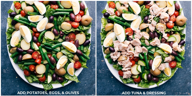This Tuna Niçoise Salad elevates a humble can of tuna into an elegant salad. The salad greens are topped with a myriad of veggies and potatoes, olive-oil packed tuna fish and the best light lemon vinaigrette ties everything together beautifully. Recipe via ChelseasMessyApron #lunch #dinner #quick #easy #simple #healthy #clean #cleaneating #whole30 #seafood #familyfriendly #kidfriendly #tuna #nicoise #salad Process shots-- images of the potatoes, eggs, olives, tuna, and dressing being added to the dish