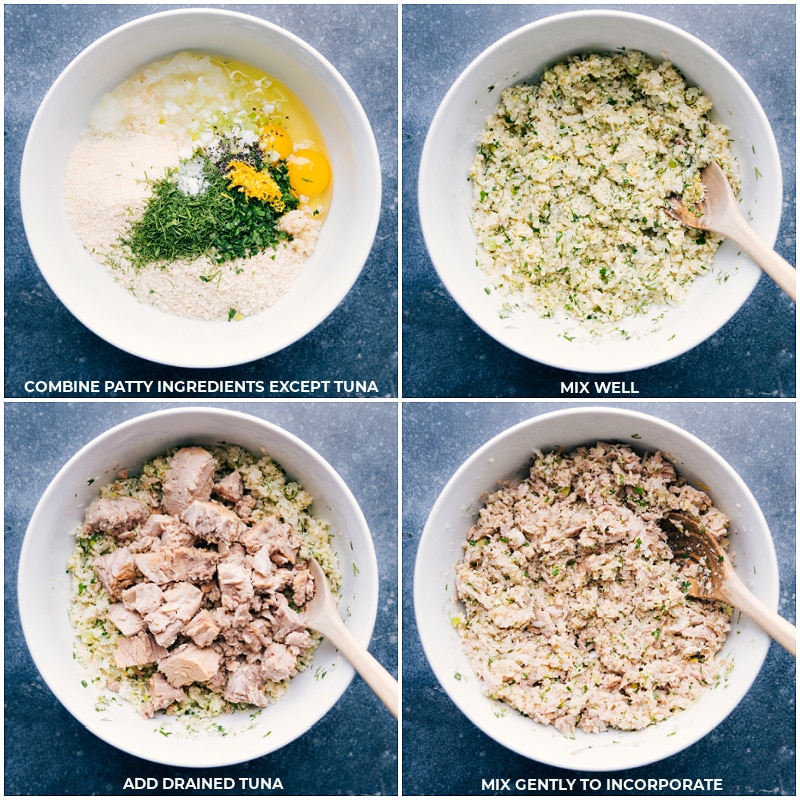 Tuna Patties are packed with flavor and have the best texture! These patties are so quick and easy to make (thank you canned tuna!) and sure to be a family favorite! Serve your patties over a quick (2-ingredient) slaw and with a tasty tartar sauce. Recipe via ChelseasMessyApron #dinner #quick #easy #simple #best #fresh #familyfriendly #kidfriendly #tuna #patties Process shots of the patties being made