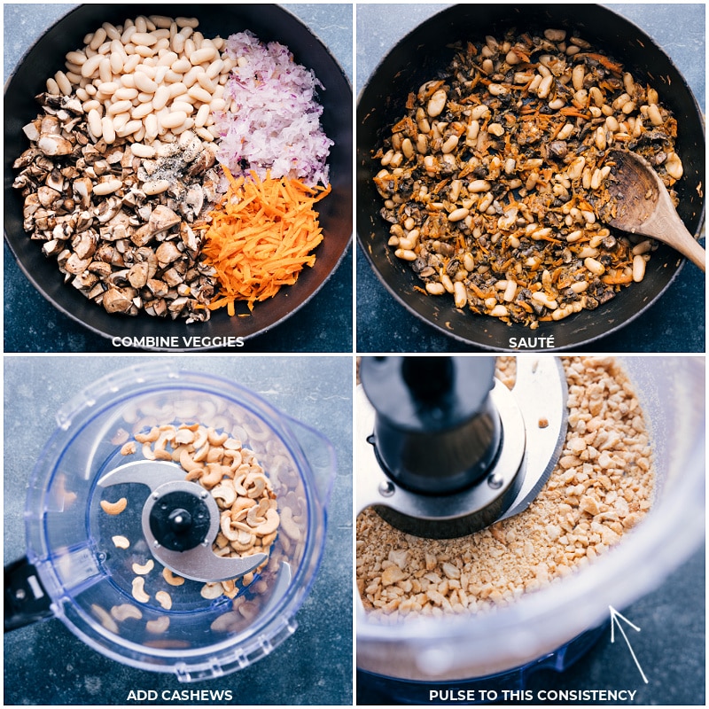 How To Make Veggie Burgers Sautéed veggies and beans in a skillet, with cashews being pulsed in a food processor.
