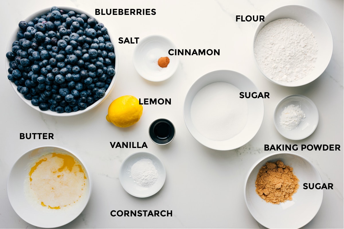 Ingredients In Blueberry Cobbler All the ingredients prepped for easy assembly: blueberries, salt, cinnamon, flour, sugar, baking powder, cornstarch, lemon, vanilla, and butter.