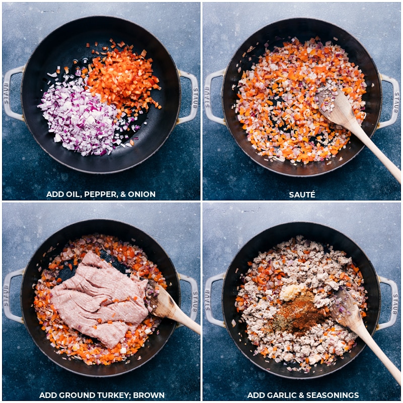 This simple skillet Green Chile Ground Turkey is an explosion of flavor! Easy, 30-minute (or less) weeknight meal! Recipe via ChelseasMessyApron #dinner #quick #easy #simple #best #fresh #healthy #wholefoods #cleaneating #familyfriendly #kidfriendly #greenchile #groundturkey Process shots-- images of the veggies being sautรฉed and then the ground turkey being browned