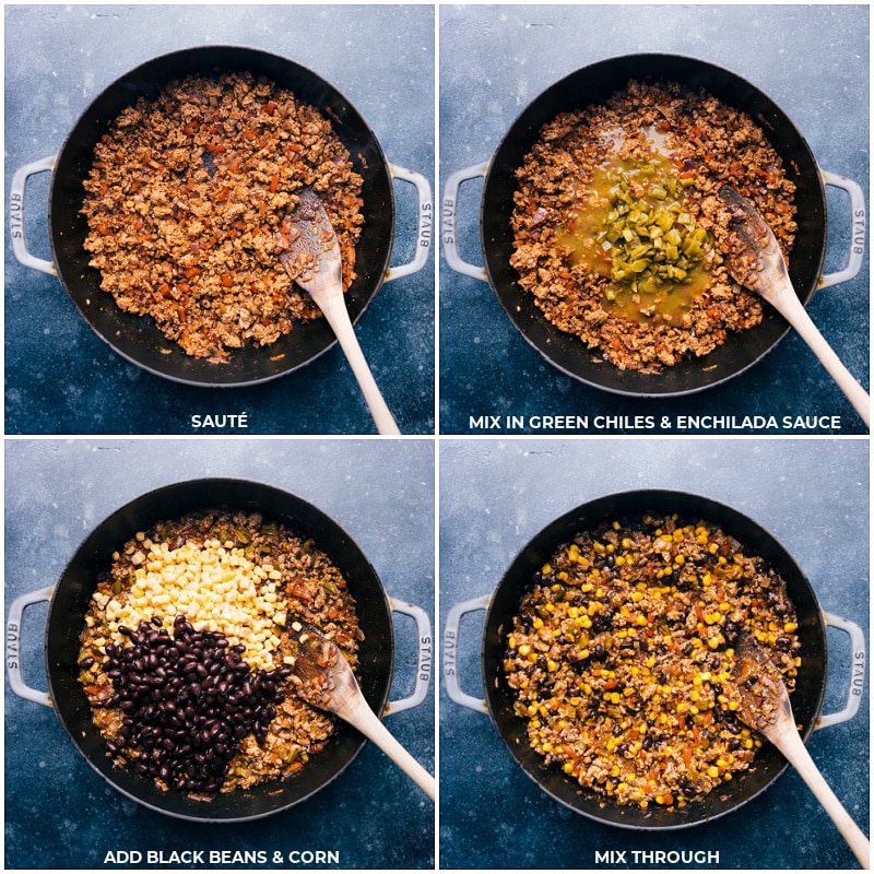 Green Chile Ground Turkey is an explosion of flavor! Well-seasoned ground turkey with savory black beans, crisp corn, and a saucy fire-roasted green chiles base. Easy, 30-minute (or less) weeknight meal! Recipe via ChelseasMessyApron #dinner #quick #easy #simple #best #fresh #healthy #wholefoods #cleaneating #familyfriendly #kidfriendly #greenchile #groundturkey Process shots of Green Chile Ground Turkey-- images of the green chiles, enchilada sauce, black beans, and corn being added