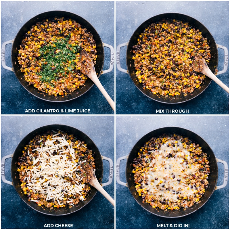 This simple skillet Green Chile Ground Turkey is an explosion of flavor! Well-seasoned ground turkey with savory black beans, crisp corn, and a saucy fire-roasted green chiles base. Recipe via ChelseasMessyApron #dinner #quick #easy #simple #best #fresh #healthy #wholefoods #cleaneating #familyfriendly #kidfriendly #greenchile #groundturkey Process shots-- images of the cilantro, lime juice, and cheese being added