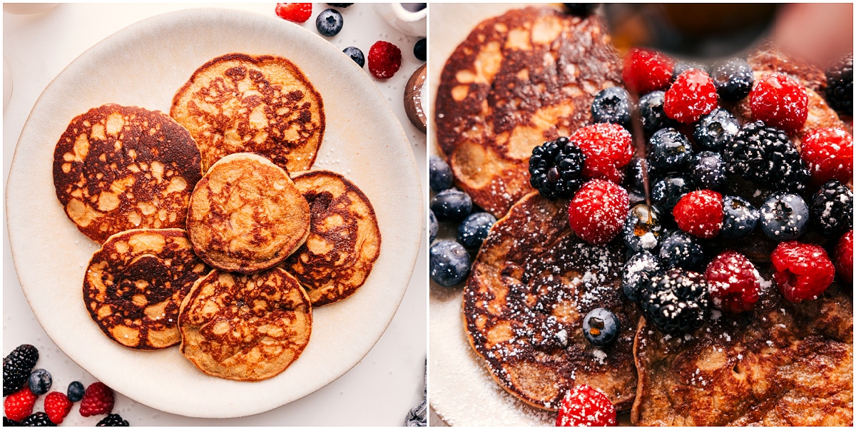 The Perfect Breakfast Recipe: Healthy Pancakes The breakfast plated up with fresh berries, powdered sugar, and a drizzle of maple syrup.