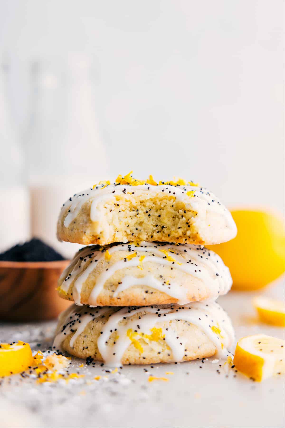 The Best Lemon Poppy Seed Cookies Recipe Lemon Poppy Seed Cookies stacked on top of each other ready to be enjoyed.