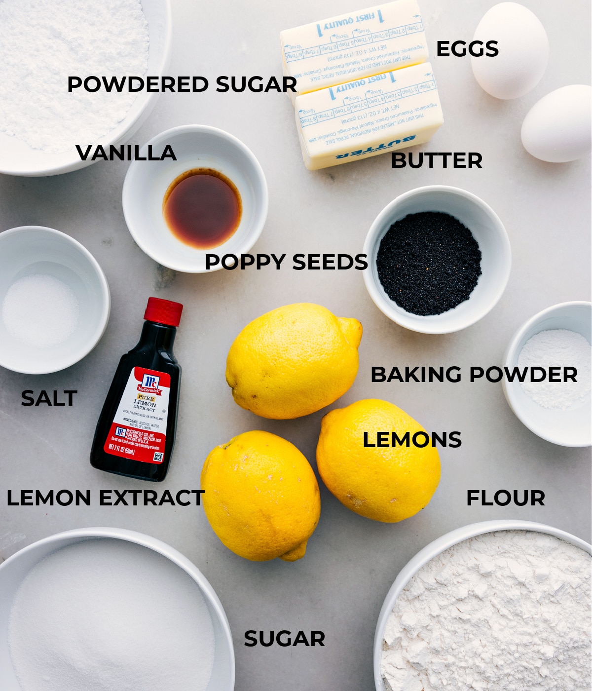 Ingredients Prepped Out For Lemon Poppy Seed Cookies All the ingredients in this recipe are prepped and ready for easy assembly: eggs, powdered sugar, vanilla, poppy seeds, baking powder, lemons, lemon extract, and salt.