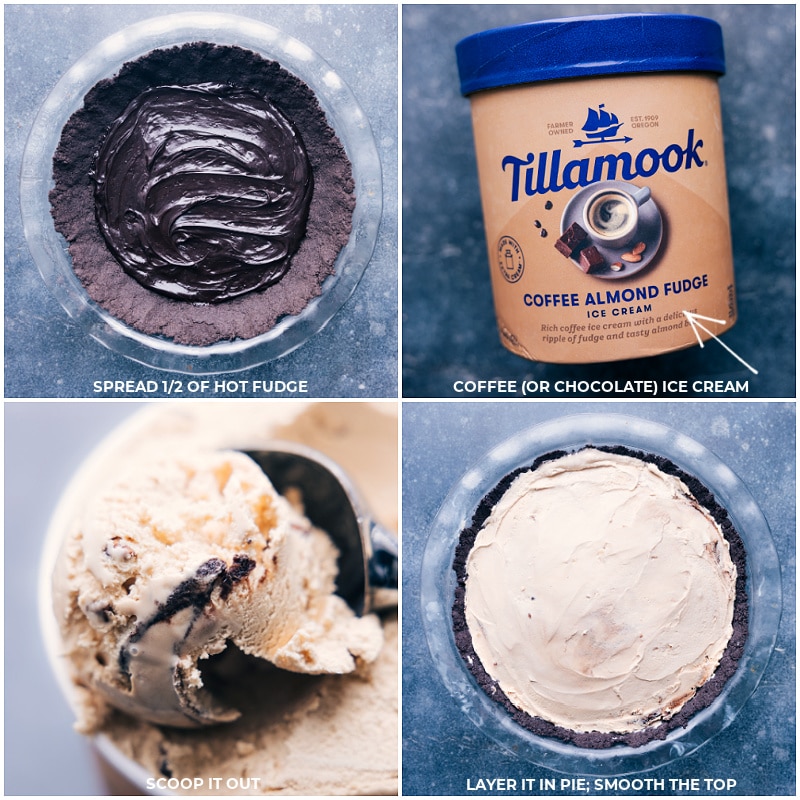 Mississippi Mud Pie! We start with a sweet Oreo cookie crust that is topped with hot fudge, coffee-flavored (or chocolate) ice cream, one more layer of fudge, and then creamy whipped topping to finish things off. Recipe via ChelseasMessyApron #dessert #best #quick #easy #simple #treat #quick #nobake #crust #familyfriendly #kidfriendly #mississippi #mud #pie Mississippi Mud Pie process shots--layering in the hot fudge, then the ice cream, and smoothing it all together