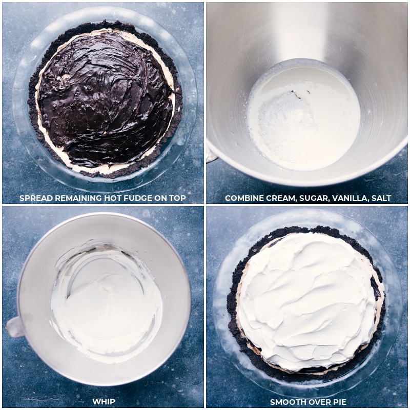 Mississippi Mud Pie is the best! We start with a sweet Oreo cookie crust that is topped with hot fudge, coffee-flavored (or chocolate) ice cream, one more layer of fudge, and then creamy whipped topping to finish things off. Recipe via ChelseasMessyApron #dessert #best #quick #easy #simple #treat #quick #nobake #crust #familyfriendly #kidfriendly #mississippi #mud #pie Process shots-- images of the rest of the layers being added and it all being topped with whipped cream