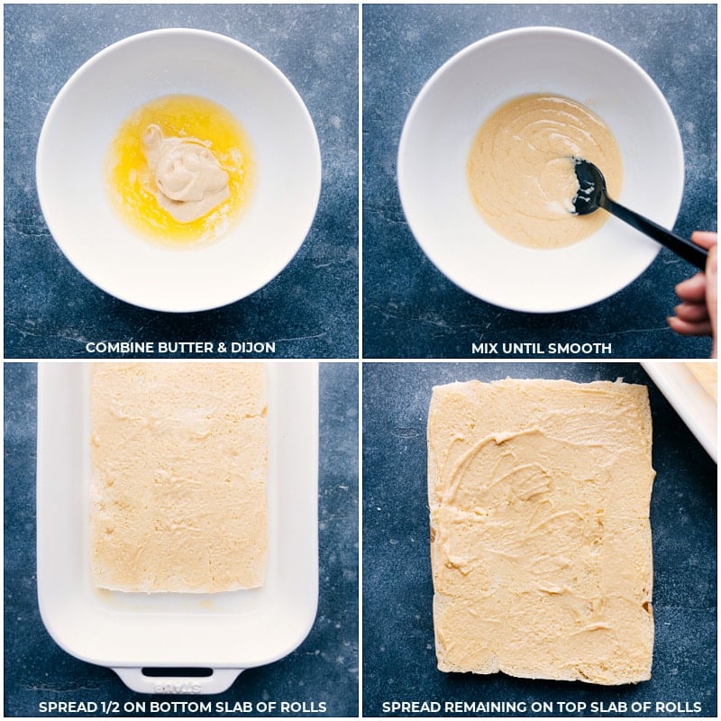 Monte Cristo Sliders are an easier take on the famous Monte Cristo Sandwich! Sweet Hawaiian rolls are layered with an irresistible Dijon-butter sauce and piled high with Swiss cheese, honey ham, and smoked turkey. Recipe via ChelseasMessyApron #dinner #quick #easy #simple #best #fresh #lunch #familyfriendly #kidfriendly #jam #powderedsugar #monte #cristo #montecristo #sliders Process shots of Monte Cristo Sliders-- images of the Dijon mustard and butter being combined and spread on the rolls