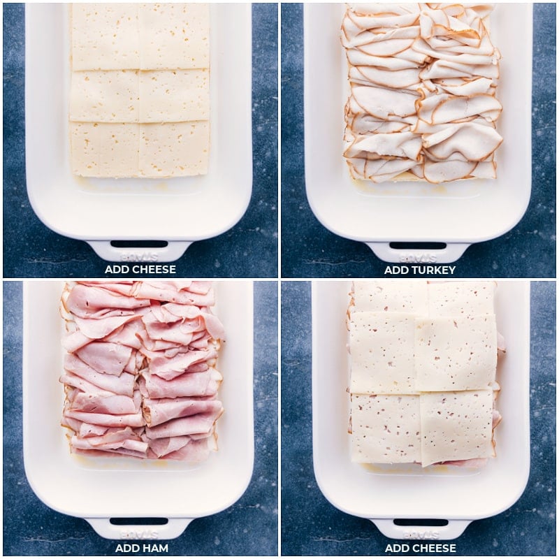 Monte Cristo Sliders are an easier take on the famous Monte Cristo Sandwich! Recipe via ChelseasMessyApron #dinner #quick #easy #simple #best #fresh #lunch #familyfriendly #kidfriendly #jam #powderedsugar #monte #cristo #montecristo #sliders Process shots-- images of the cheese, turkey, and ham being layered in