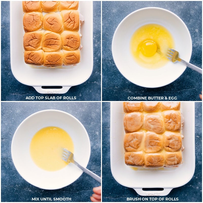 The best Monte Cristo Sliders! Sweet Hawaiian rolls are layered with an irresistible Dijon-butter sauce and piled high with Swiss cheese, honey ham, and smoked turkey. These sliders are baked in an egg custard, topped with powdered sugar, and served with berry jam -- swoon! Recipe via ChelseasMessyApron #dinner #quick #easy #simple #best #fresh #lunch #familyfriendly #kidfriendly #jam #powderedsugar #monte #cristo #montecristo #sliders Process shots-- images of the sliders being covered in the butter and egg mixture