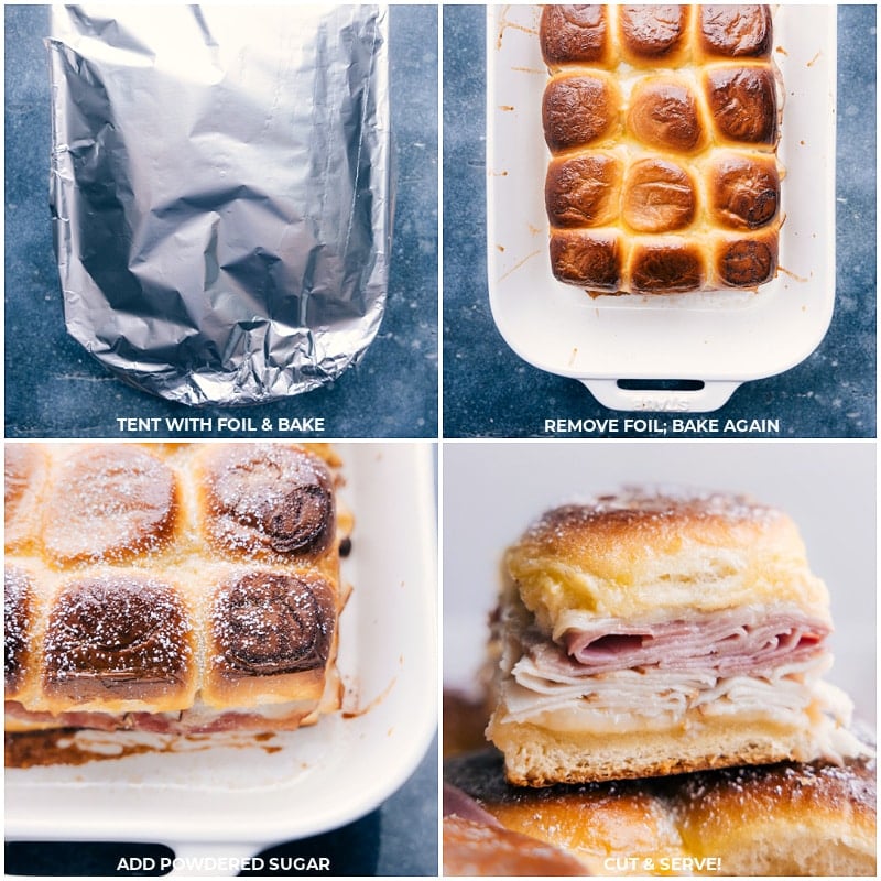 Monte Cristo Sliders! Sweet Hawaiian rolls are layered with an irresistible Dijon-butter sauce and piled high with Swiss cheese, honey ham, and smoked turkey. These sliders are baked in an egg custard, topped with powdered sugar, and served with berry jam -- swoon! Recipe via ChelseasMessyApron #dinner #quick #easy #simple #best #fresh #lunch #familyfriendly #kidfriendly #jam #powderedsugar #monte #cristo #montecristo #sliders Process shots of the Monte Cristo Sliders--baking the sliders, covering them in powdered sugar and serving