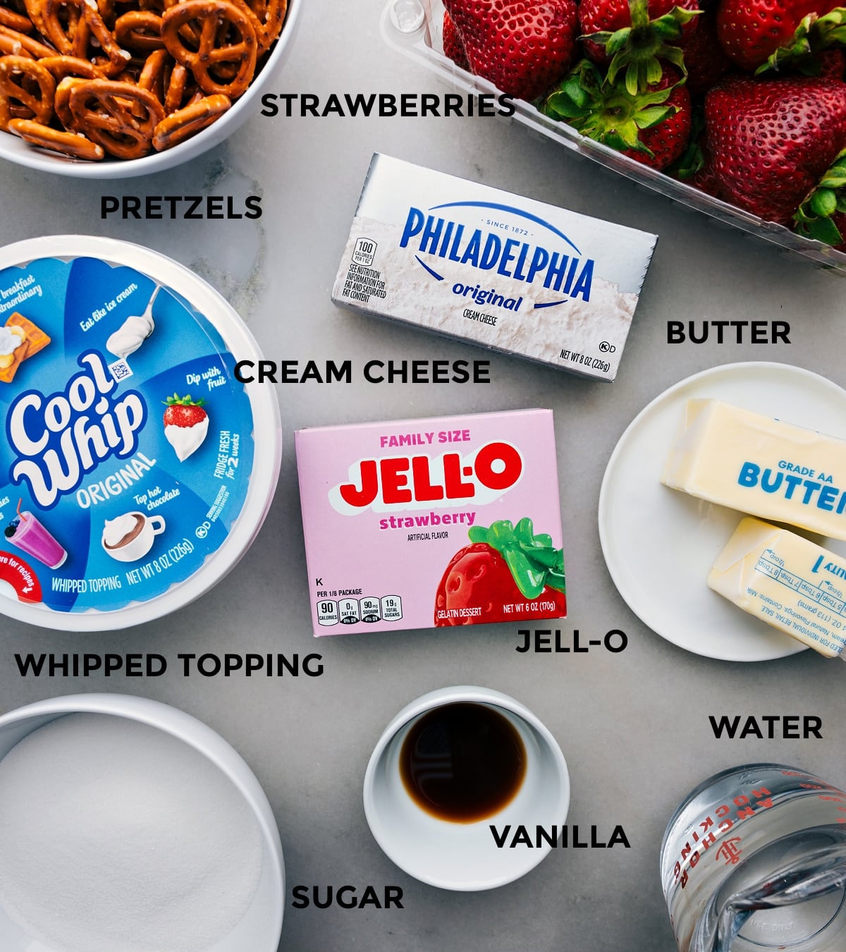 Ingredients In Strawberry Pretzel Salad Ingredients in this recipe prepped out for easy assembly.