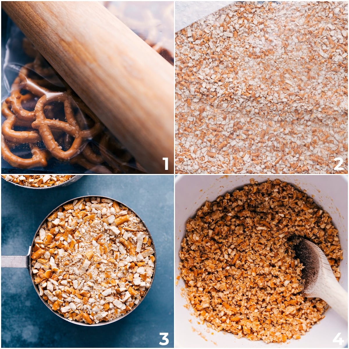 Making The Crust For Strawberry Pretzel Salad The pretzels being crushed and measured out and poured into a bowl with melted butter and sugar.