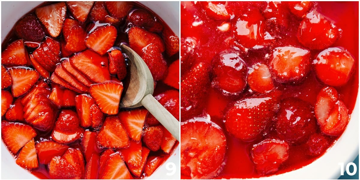Favorite Strawberry Pretzel Salad The strawberries being added to the jello and it being layered on top of the whipped cream layer in the strawberry pretzel salad.