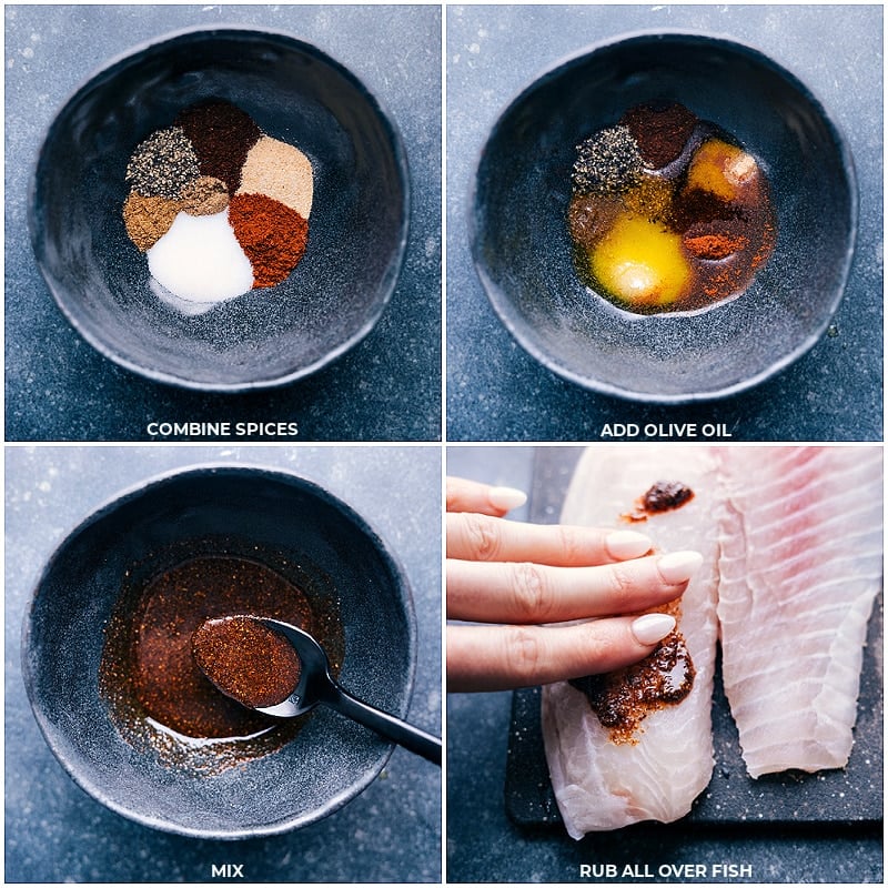 Air Fryer Tilapia is one of the easiest, yet tastiest meals to make! This nutritious dish can be prepared and on the table in about 20 minutes or less! Knowing the basics for air frying tilapia is a great resource to have on hand as it can be a springboard for so many other recipes. Plus, we're not just sharing one spice rub, but two -- a Mexican-inspired blend as well as a Cajun-inspired blend! Recipe via chelseasmessyapron #dinner #quick #easy #simple #best #fresh #healthy #airfryer #tilapia Process shots of Air Fryer Tilapia-- images of the spices and oil being added together and spread on the tilapia