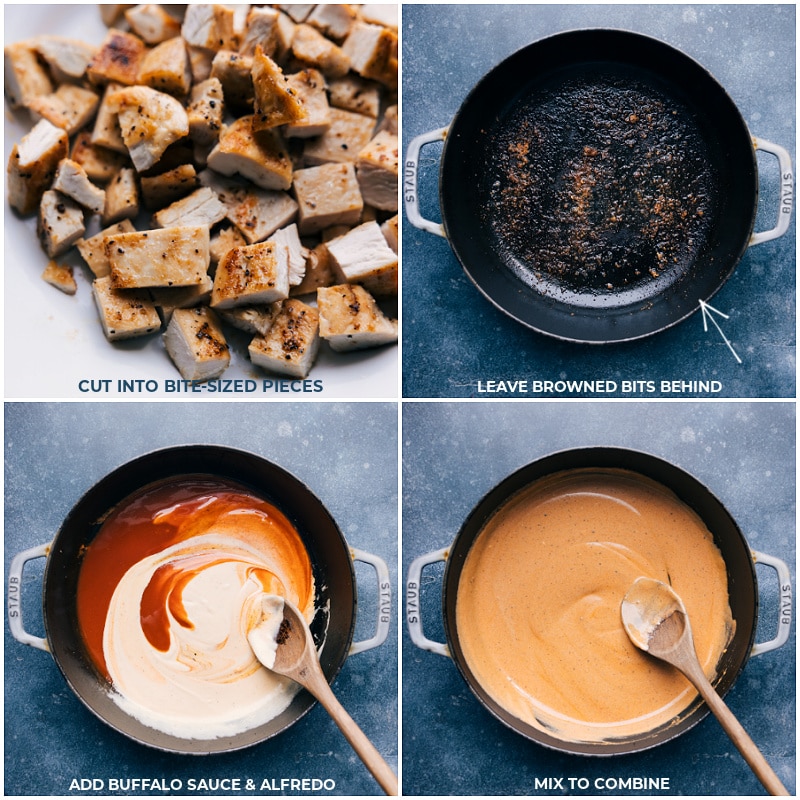 Quell your buffalo chicken cravings in under 30 minutes and all while getting loads of protein in! Recipe via ChelseasMessyApron #dinner #quick #easy #simple #familyfriendly #kidfriendly #buffalo #chicken #pasta Process shots- images of the chicken being cut up and then the creamy buffalo sauce being made