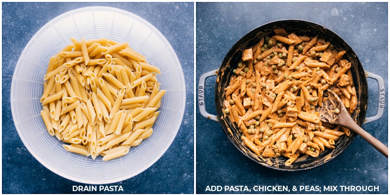 Our favorite Buffalo Chicken Pasta packs a serious punch of flavor and is so easy to make thanks to some ingredient short-cuts. Quell your buffalo chicken cravings in under 30 minutes and all while getting loads of protein in! Recipe via ChelseasMessyApron #dinner #quick #easy #simple #familyfriendly #kidfriendly #buffalo #chicken #pasta Process shots of Buffalo Chicken Pasta-- images of the pasta being added into the dish