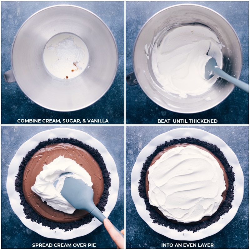 Favorite Chocolate Cream Pie Making the whipped cream and spreading it on the dessert.