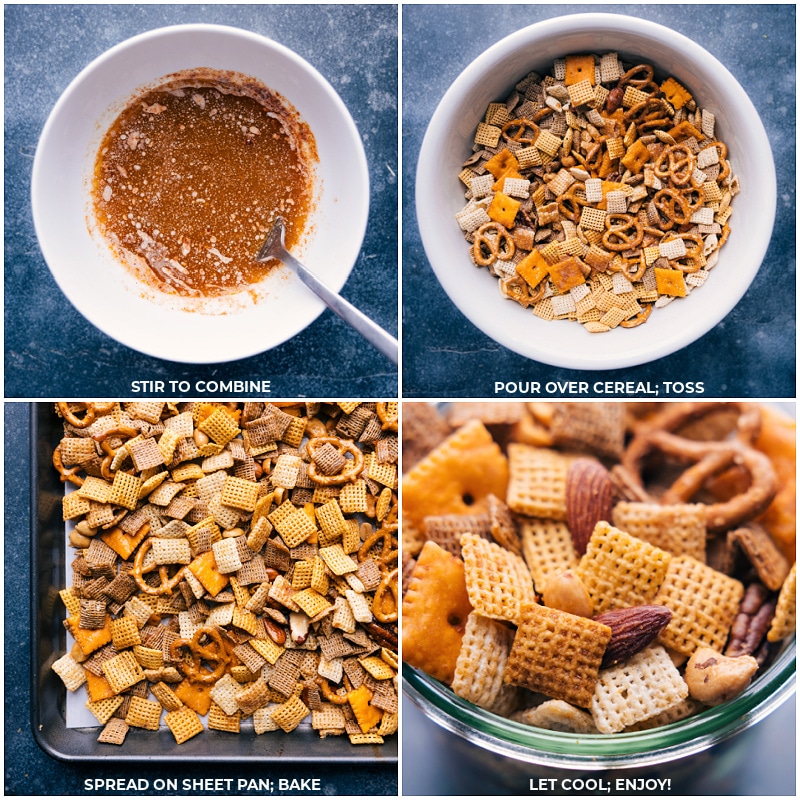 This Chex Mix Recipe is loaded with crispy cereal, pretzels, cheese crackers, and nuts. The seasoned butter pulls everything together into a mix that is nothing short of addicting! Recipe via ChelseasMessyApron.com #snackmix #chexmix #chex #snack #cereal Stir together the butter sauce ingredients; pour over cereal mix and toss; spread on a sheet pan and bake; serve.