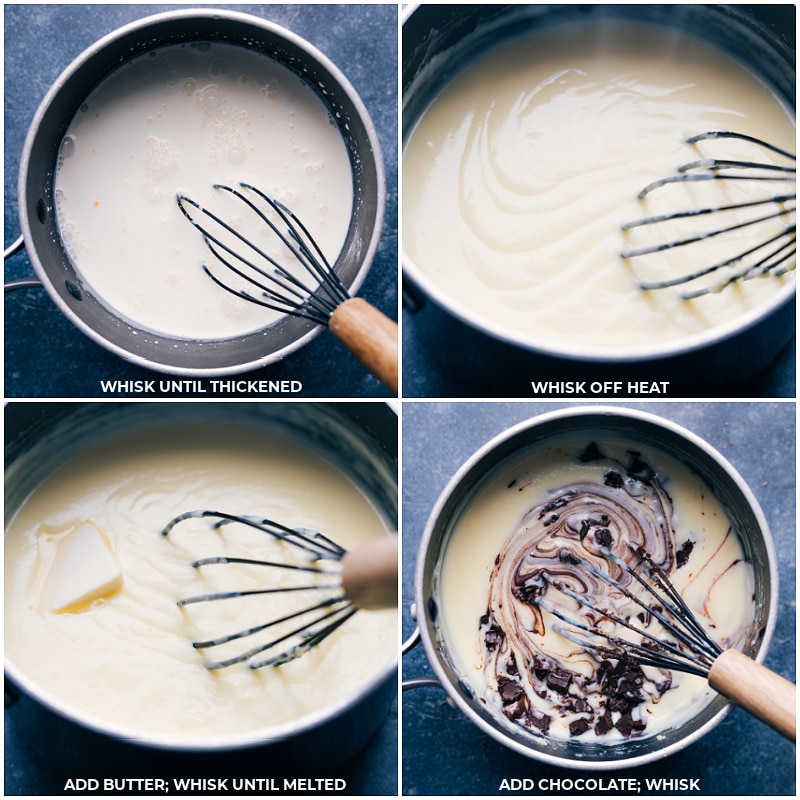 Delicious Chocolate Cream Pie Recipe Adding the butter and chocolate and whisking it all together.