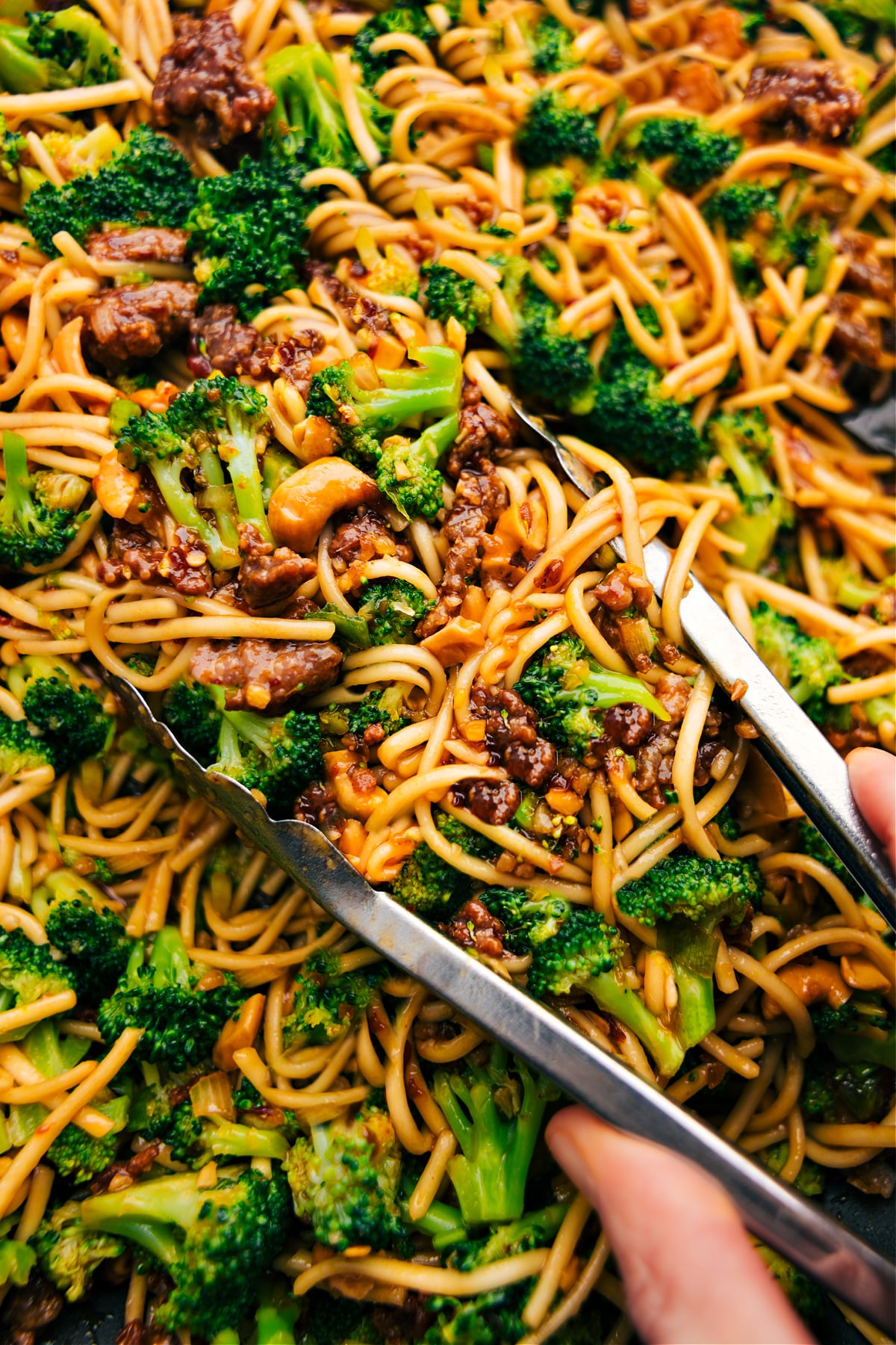 Dragon Noodles with tongs picking some up.