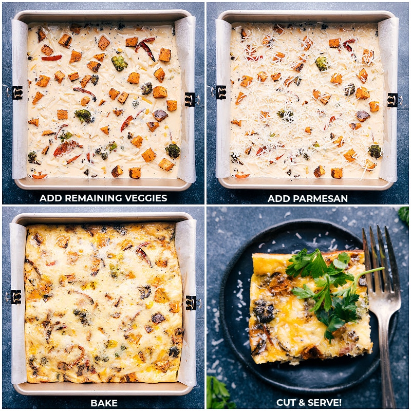 This delicious Vegetable Frittata Recipe is our favorite! Packed with veggies and a creamy seasoned egg mixture, plus some cheese, this dish is sure to be a hit for breakfast, brunch, lunch, or any other time of the day! Recipe via chelseasmessyapron #breakfast #quick #easy #simple #brunch #eggs #frittata Process shots-- images of the last of the roasted veggies being added in to the pan and it all being baked