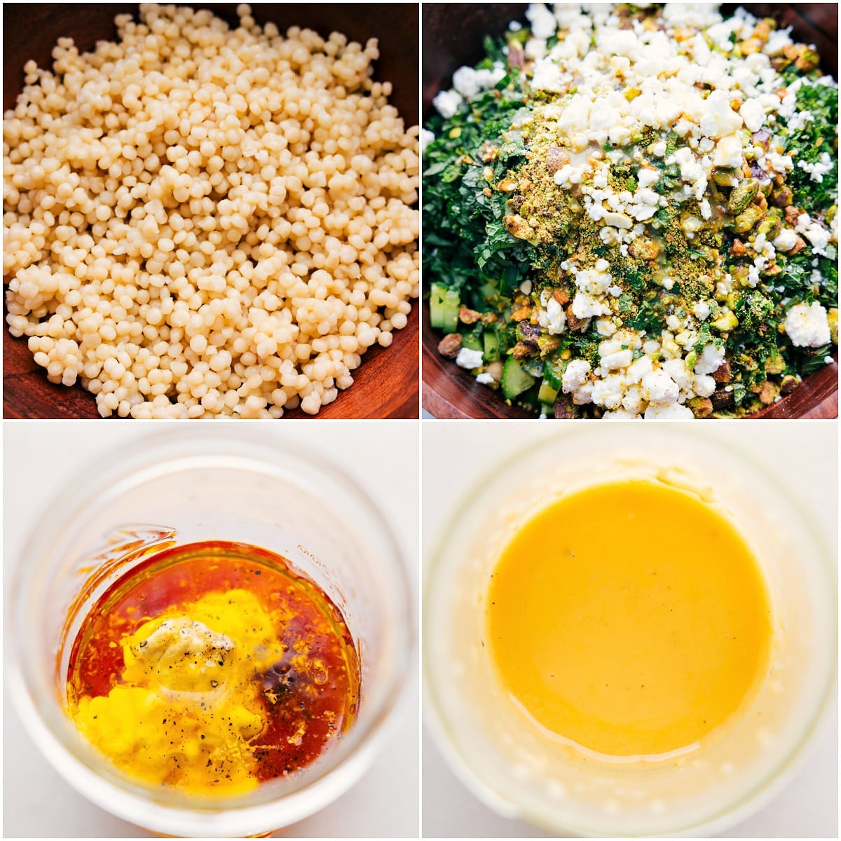 The couscous and all the other ingredients being layered into a large bowl and the dressing being mixed together in a mason jar for this Jennifer Aniston Salad.