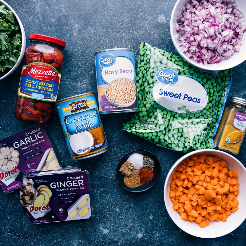 This Quick Vegan Curry is packed with good flavors and nutritious ingredients from the red pepper and coconut curry sauce to the plethora of veggies! Recipe via ChelseasMessyApron #dinner #easy #simple #best #fresh #cleaneating #vegetarian #familyfriendly #kidfriendly #quick #vegan #curry Ingredient shot-- image of all the ingredients used in this recipe